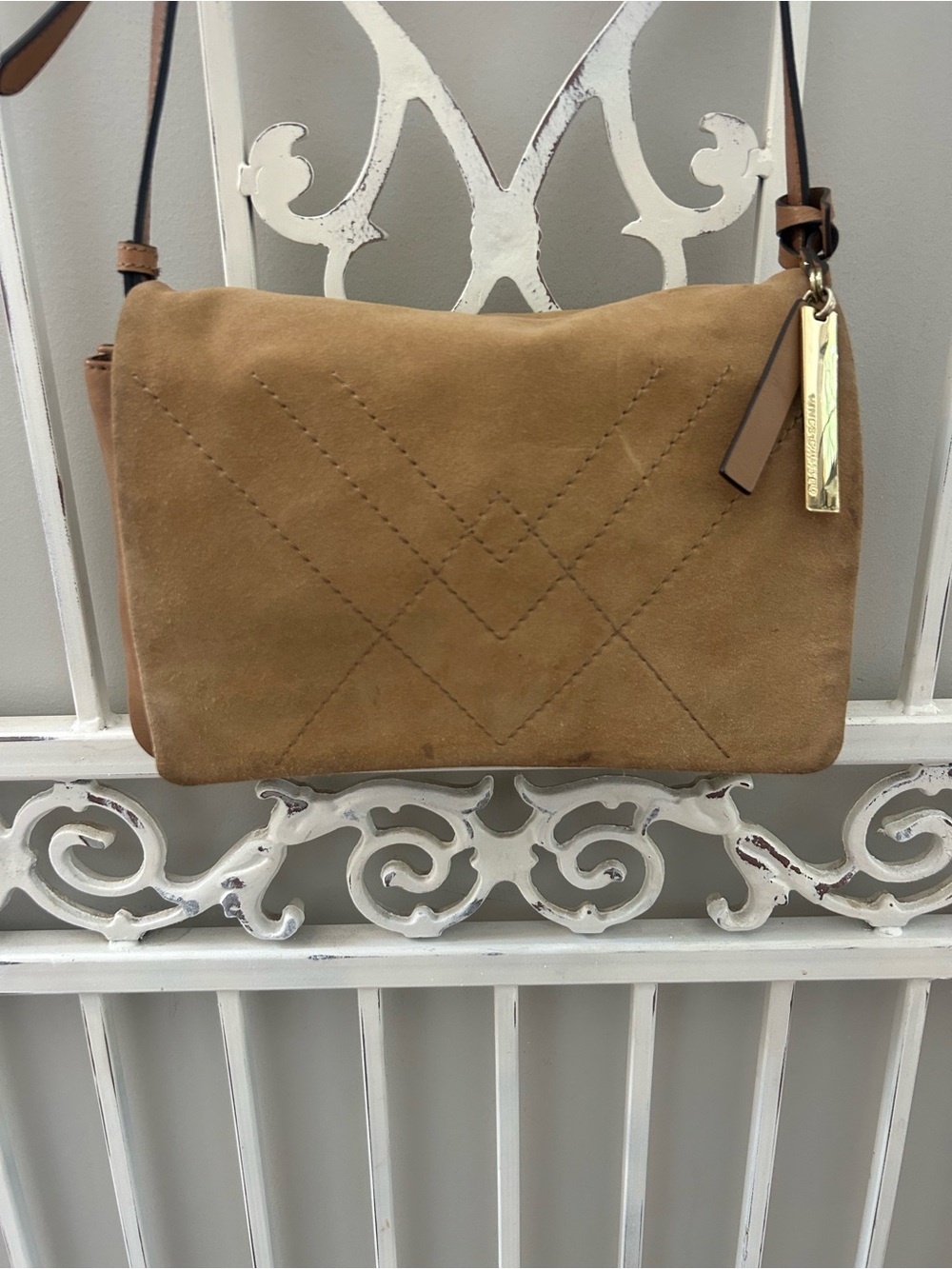 Vince Camuto Suede Leather Crossbody Organizer Bag Camel Tan